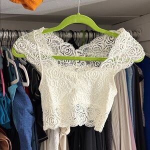 Free People Cream Lace Off-Shoulder Crop Top